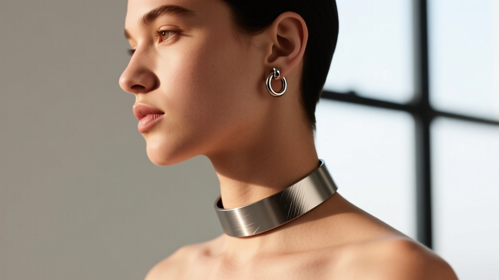 Side profile of a model wearing a 6-gauge titanium o ring collar necklace, showing the matte brushed finish against warm skin