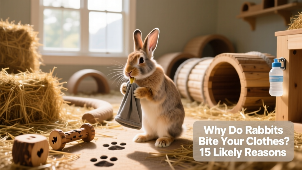 Rabbit exploring a spacious, enriched play area with tunnels, hay piles, and wooden chew toys