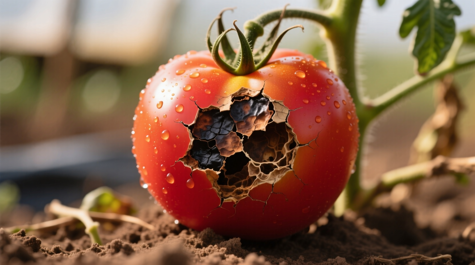 Close-up of tomato with blossom end rot symptoms