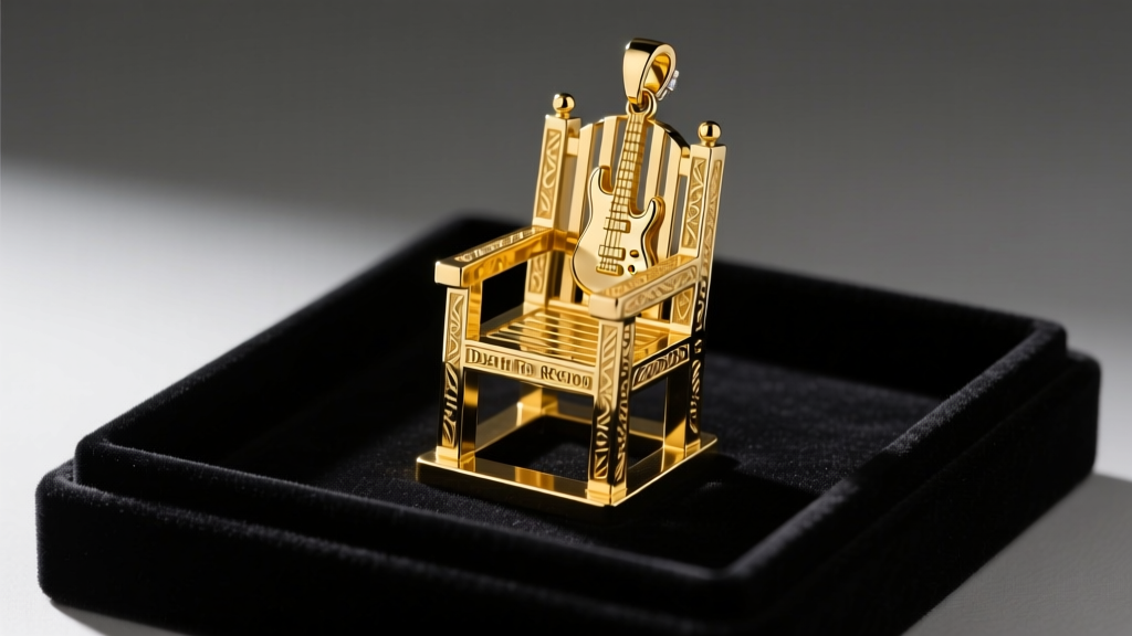 Heavy 14k yellow gold Death Row Records electric chair pendant on a black velvet display tray under dramatic studio lighting