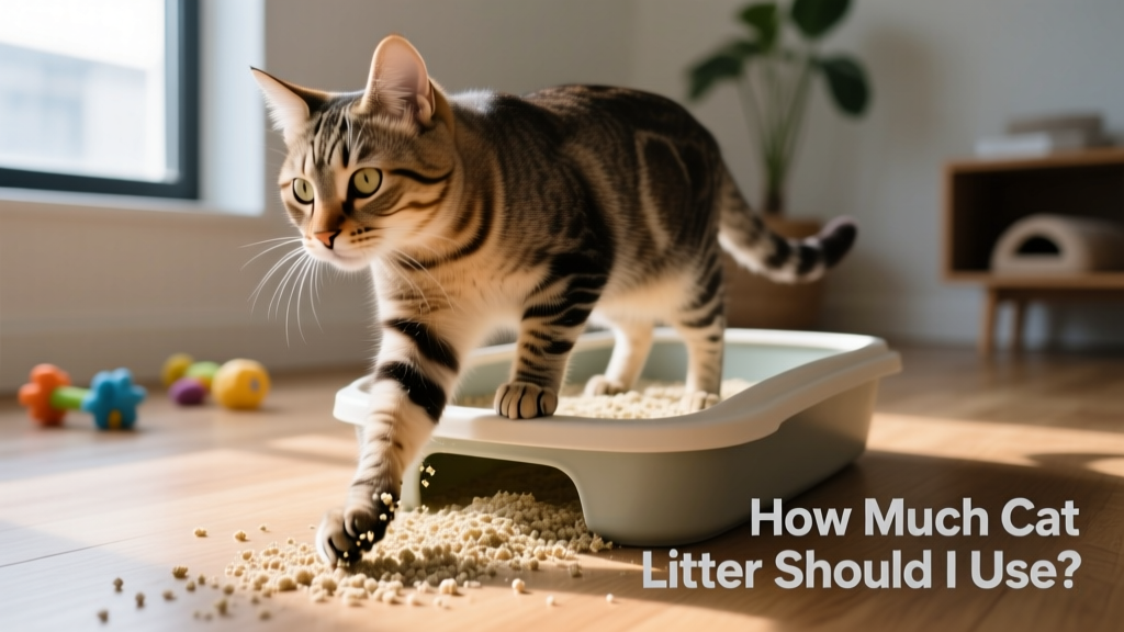 Cat stepping out of litter box with visible granules clinging to paws—illustrating tracking issue