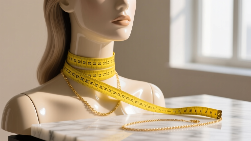 Flexible yellow measuring tape wrapped snugly around a female mannequin neck, with a gold necklace extender chain attached nearby.