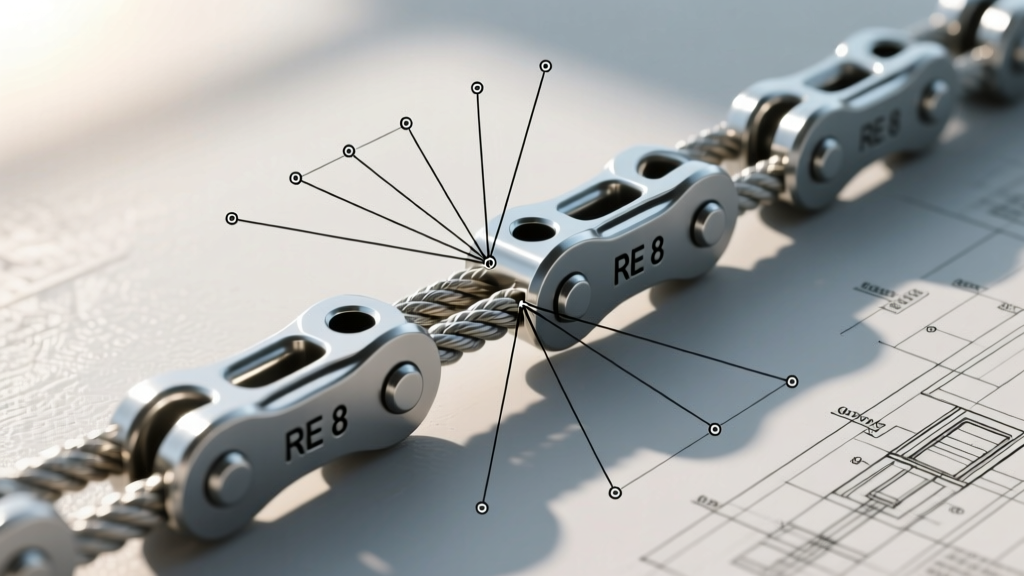 Technical blueprint overlay on a heavy rope chain showing tension distribution vectors across a two-hole RE 8 modular link system