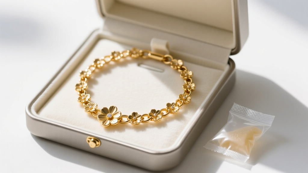 Open anti-tarnish jewelry box displaying a neatly coiled 14k gold marigold chain necklace alongside a silica gel packet and cloth.