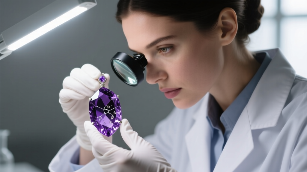 Gemologist inspecting an amethyst pendant under a loupe, showing internal inclusions illuminated by bright directional LED light.