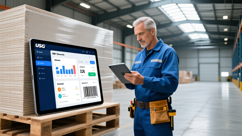 Warehouse worker scanning a barcode on a pallet of USG Sheetrock drywall with a tablet displaying a B2B e-commerce inventory dashboard