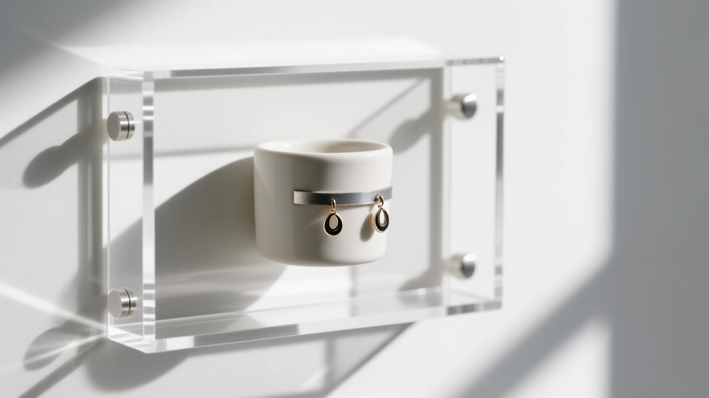 Small anti-tarnish strip discreetly hidden behind a ceramic earring holder on a white acrylic jewelry organizer wall display