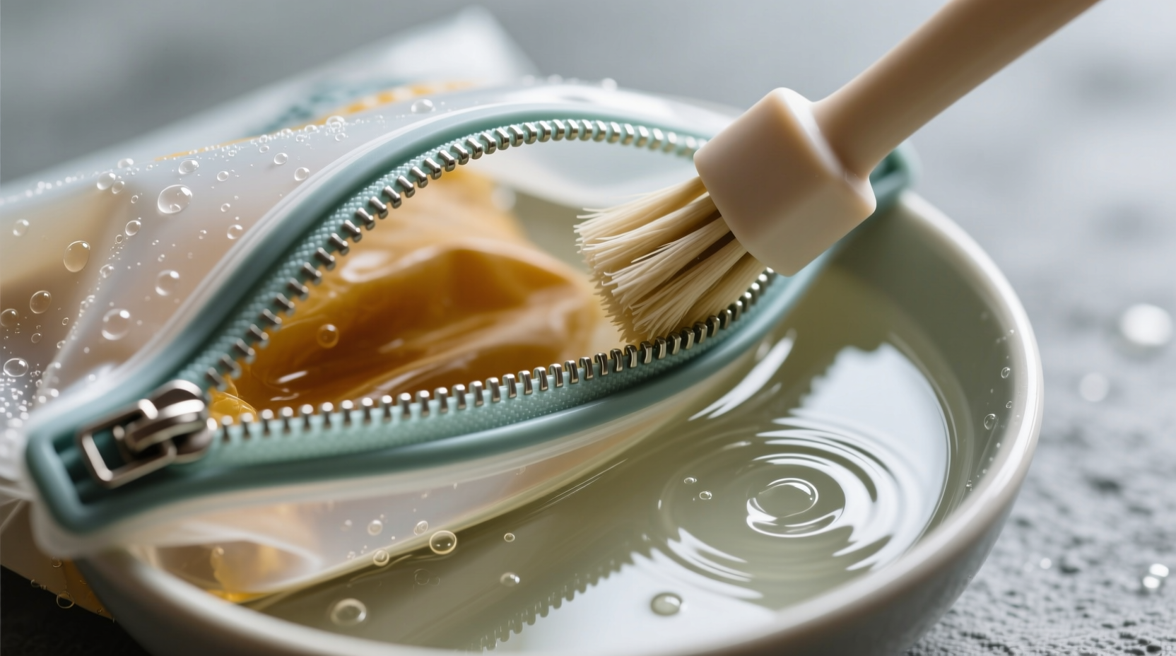 Close-up photo showing a reusable silicone-zip snack bag turned inside out, with a small brush cleaning the interlocking zipper teeth submerged in a shallow bowl of clear vinegar-water solution