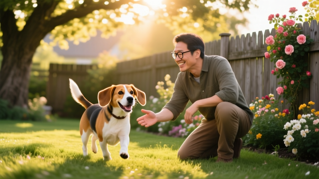 A beagle happily exploring a fenced garden with her new owner, both smiling, as sunlight filters through trees