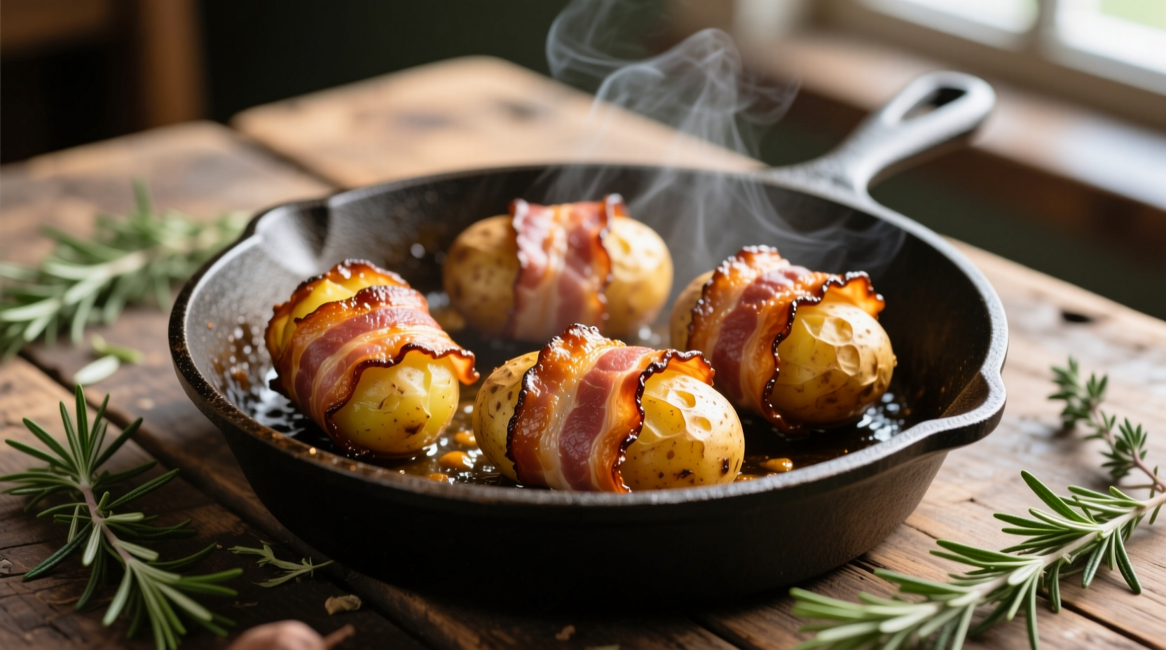 Crispy bacon wrapped potatoes on cast iron skillet