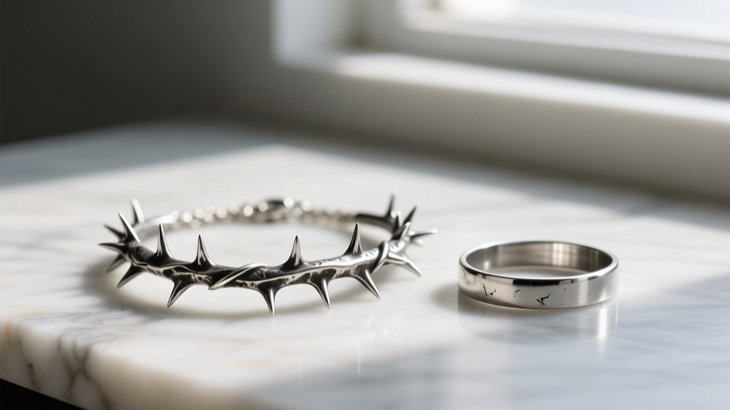A digital jewelry scale showing a heavy 55-gram oxidized silver thorn necklace next to a lightweight 15-gram zinc alloy replica.