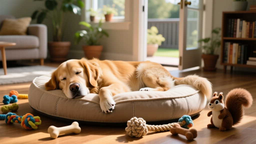 A happy dog resting peacefully on a cozy indoor bed with toys nearby