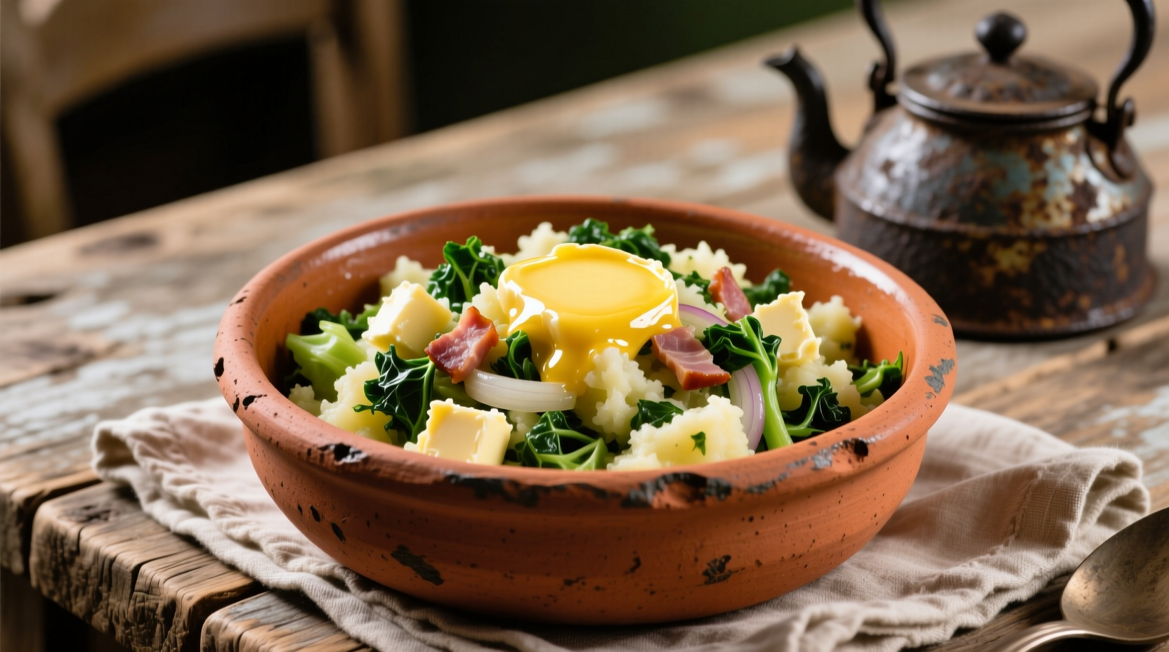 Traditional Irish colcannon in earthenware bowl