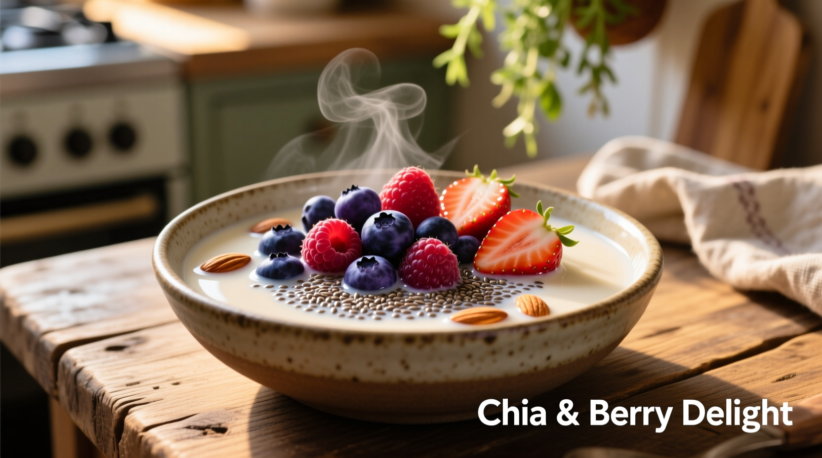 Chia seeds soaked in almond milk with berries