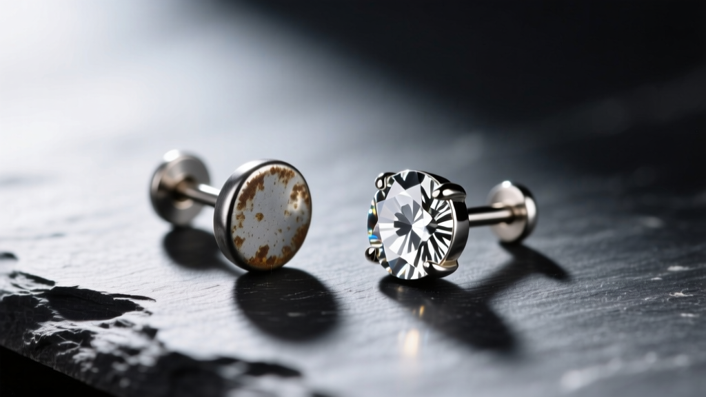Macro shot comparing a tarnished steel earring stud next to a bright implant-grade titanium stud on a dark slate surface.
