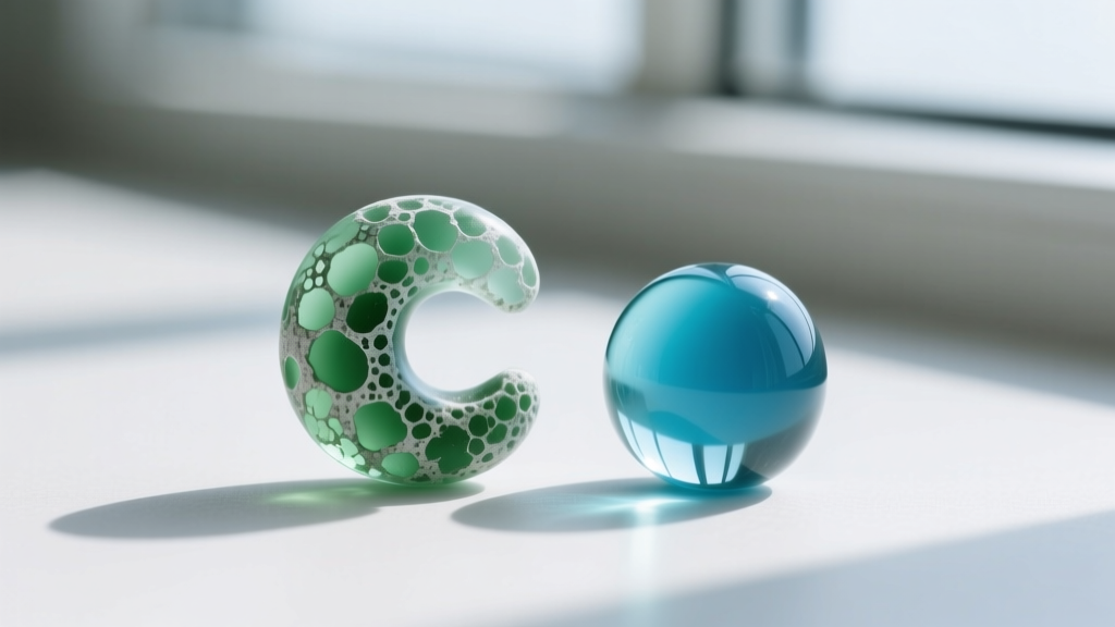 Macro photography comparing authentic pitted sea glass bead with C-shaped frost marks next to a smooth machine-tumbled glass bead.