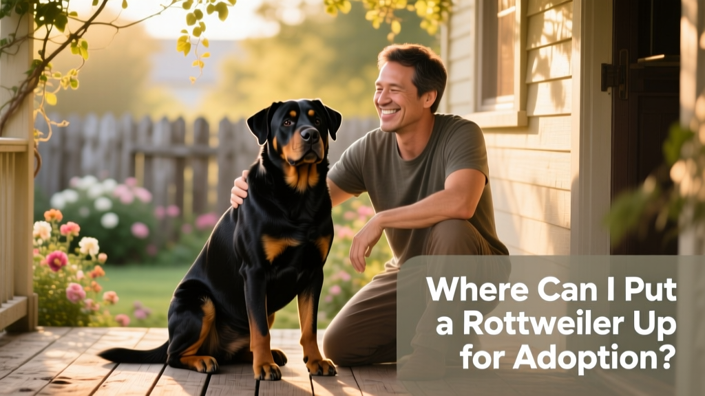 A calm, well-groomed Rottweiler sitting beside a smiling adult on a sunlit porch