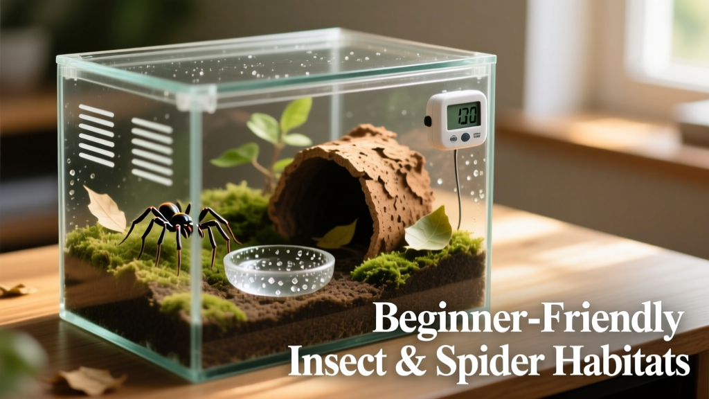 Well-set-up terrarium with ventilation, humidity gauge, hiding spot, and water dish—ideal for a beginner tarantula or cockroach setup