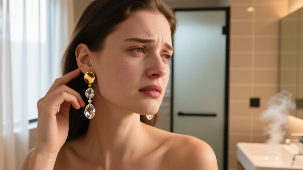 Close-up of a woman gently touching her earlobe with a slight wince, wearing heavy drop earrings, soft warm bathroom lighting.