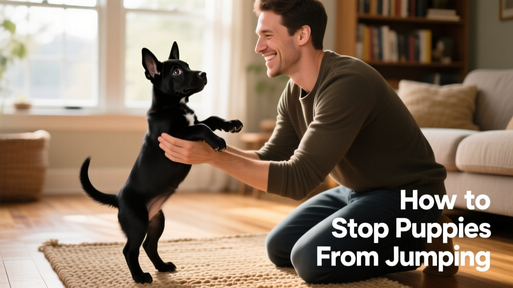Black puppy standing on hind legs while owner gently holds front paws to prevent jumping