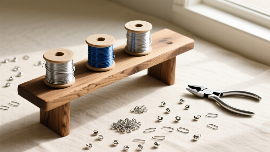 Overhead view of a wooden bench pin, 20-gauge titanium wire spools, flush cutters, and scattered sterling silver earring hooks.