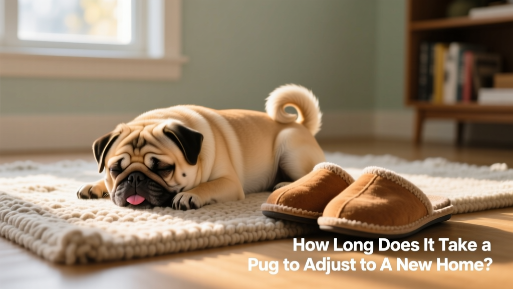A Pug lying contentedly on a rug next to a person’s slippered feet, tail curled, eyes half-closed in relaxation