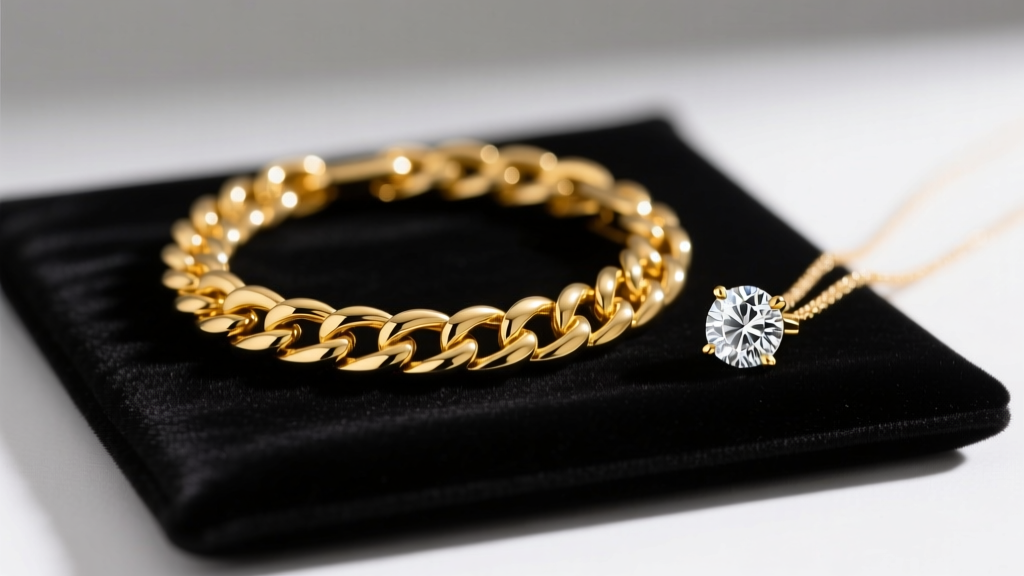 A 14k yellow gold Cuban link chain on a dark velvet appraisal pad next to a diamond pendant under bright jeweler lighting.