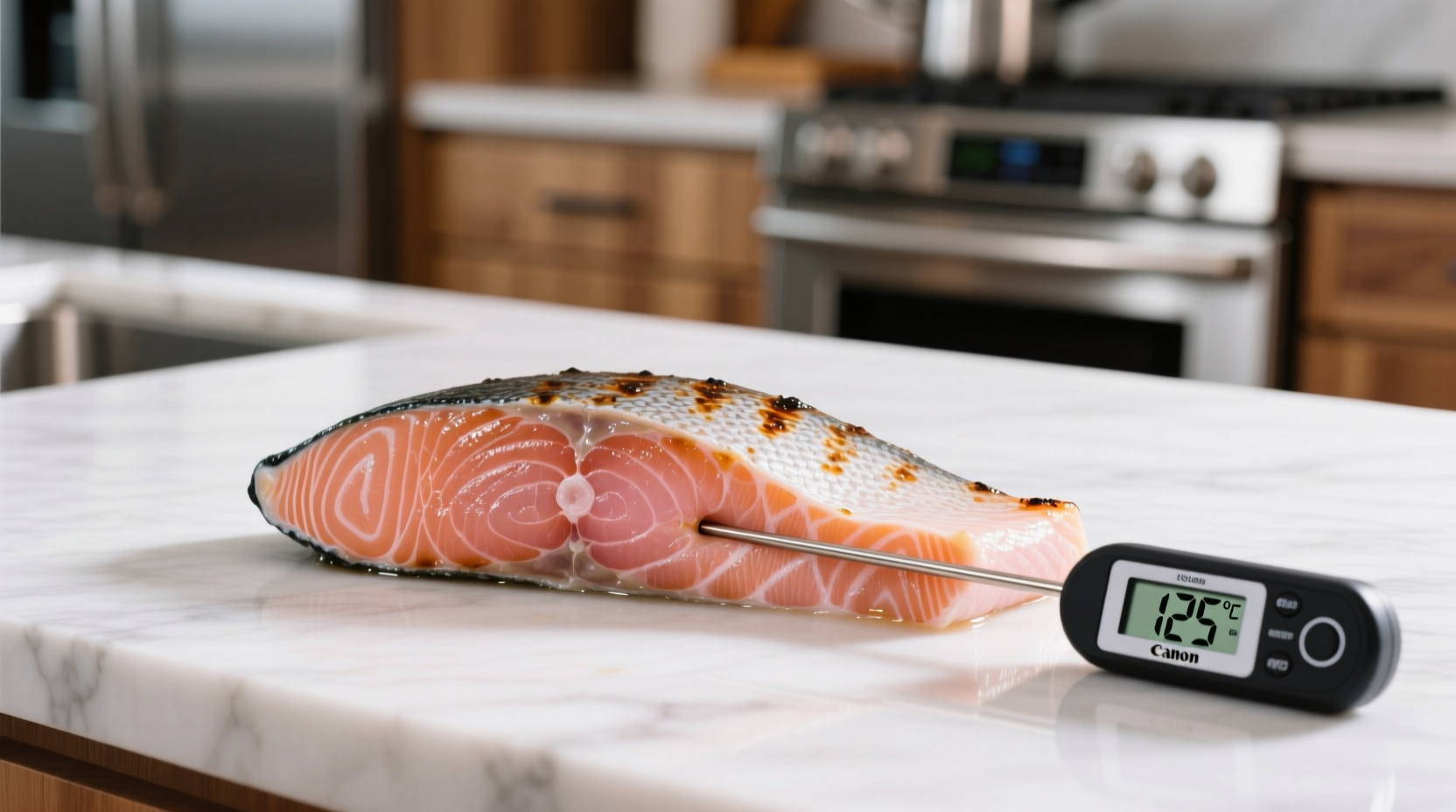 Salmon fillet with thermometer showing 125 degrees