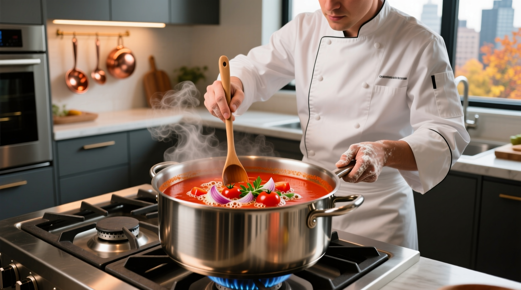 Chef preparing vibrant red vegetable tomato soup in stainless steel pot