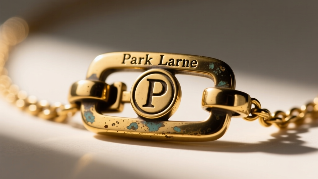 Macro shot of a vintage Park Lane necklace clasp showing the stamped circled P hallmark and slight gold wear on the metal base.
