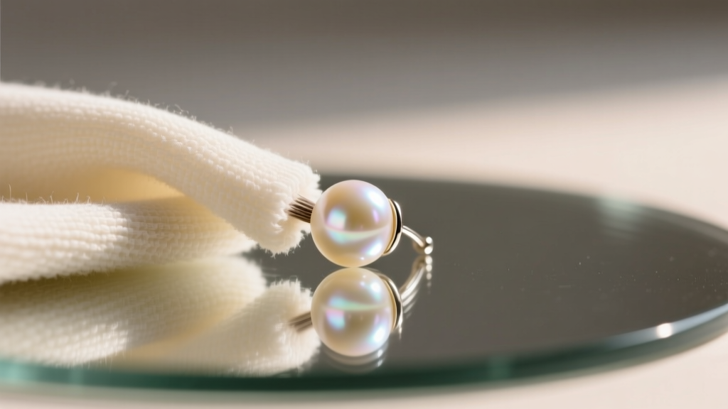 Close-up of a microfiber cloth polishing a detached 9mm cream Akoya pearl earring back resting on a mirrored glass surface