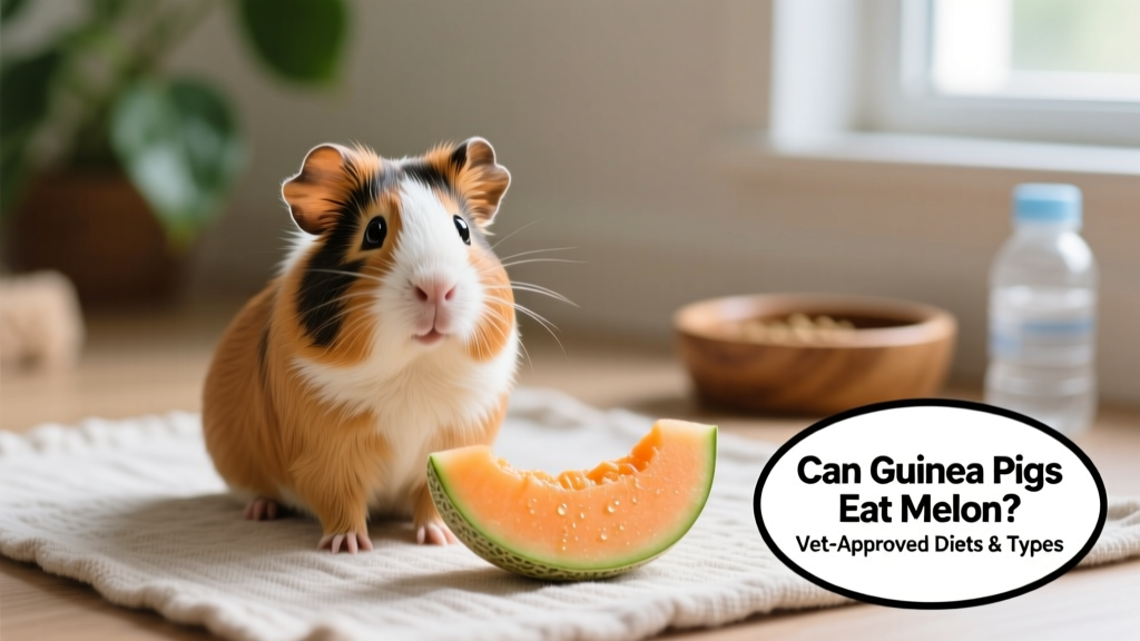 Happy guinea pig sitting upright, looking curious and alert, with a small piece of cantaloupe placed nearby on a clean mat