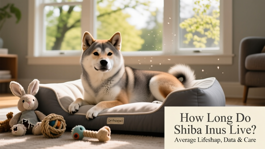 A senior Shiba Inu resting comfortably on a supportive orthopedic dog bed, surrounded by familiar toys and near a sunny window