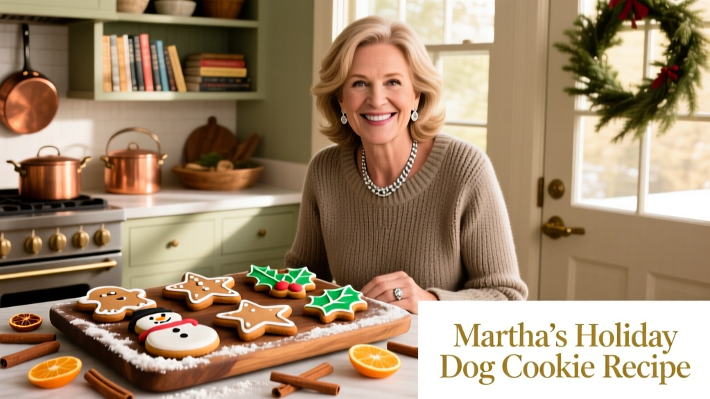 Martha Stewart smiling beside a festive tray of holiday-shaped dog cookies