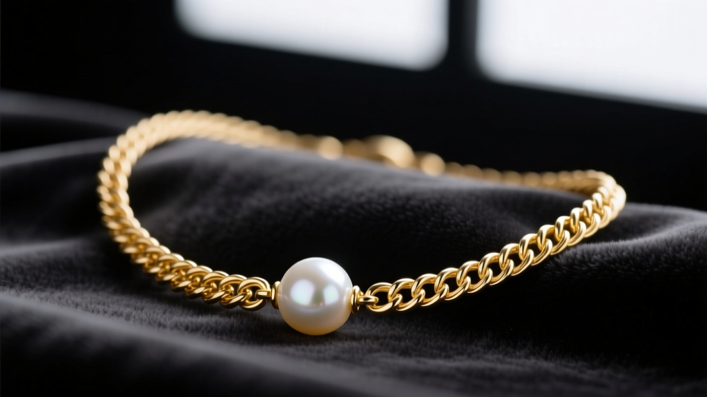 Macro shot of a necklace with a 14k gold cable chain and lustrous white freshwater baroque pearls resting on dark velvet fabric