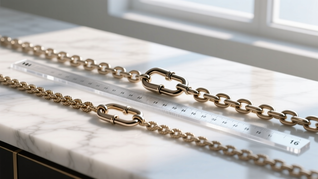 Flat lay of 14-inch and 16-inch cable chains measured with a clear ruler on white marble, highlighting the lobster clasp hardware.