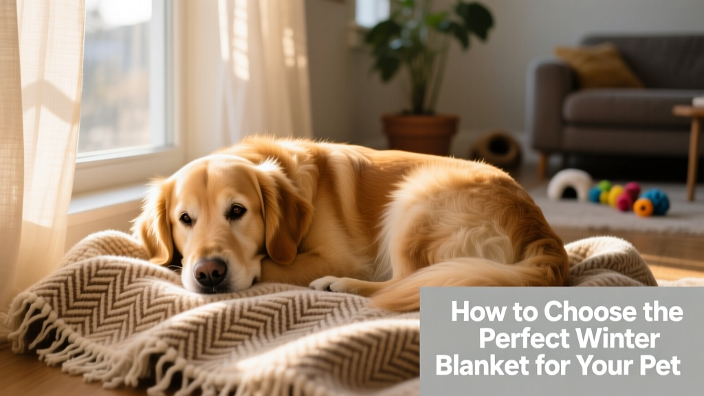 A golden retriever curled up on a soft, textured winter blanket beside a sunlit window