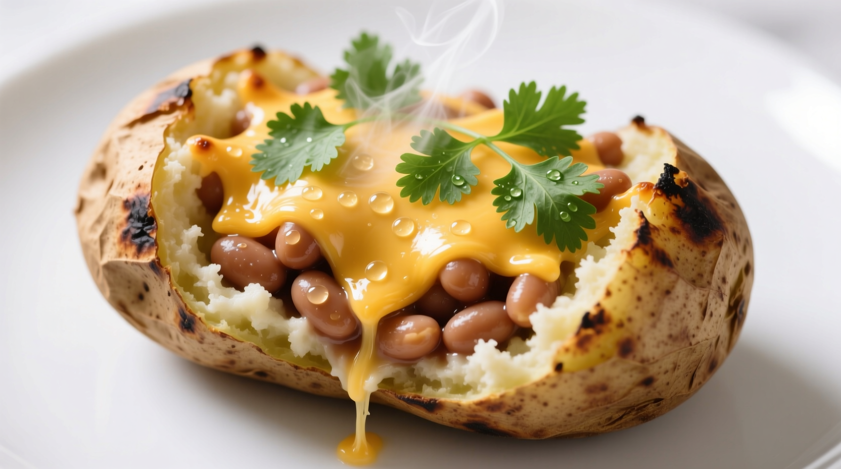 Beans baked potato with melted cheese and fresh cilantro