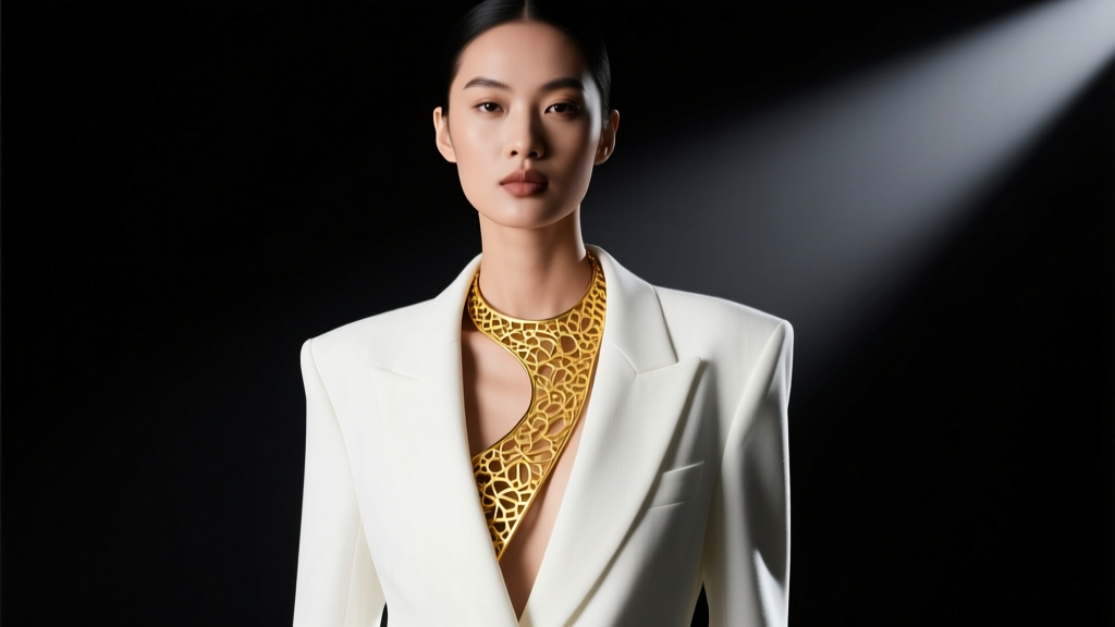 Model wearing an asymmetrical 18k yellow gold statement necklace over a white blazer, high-contrast editorial studio lighting