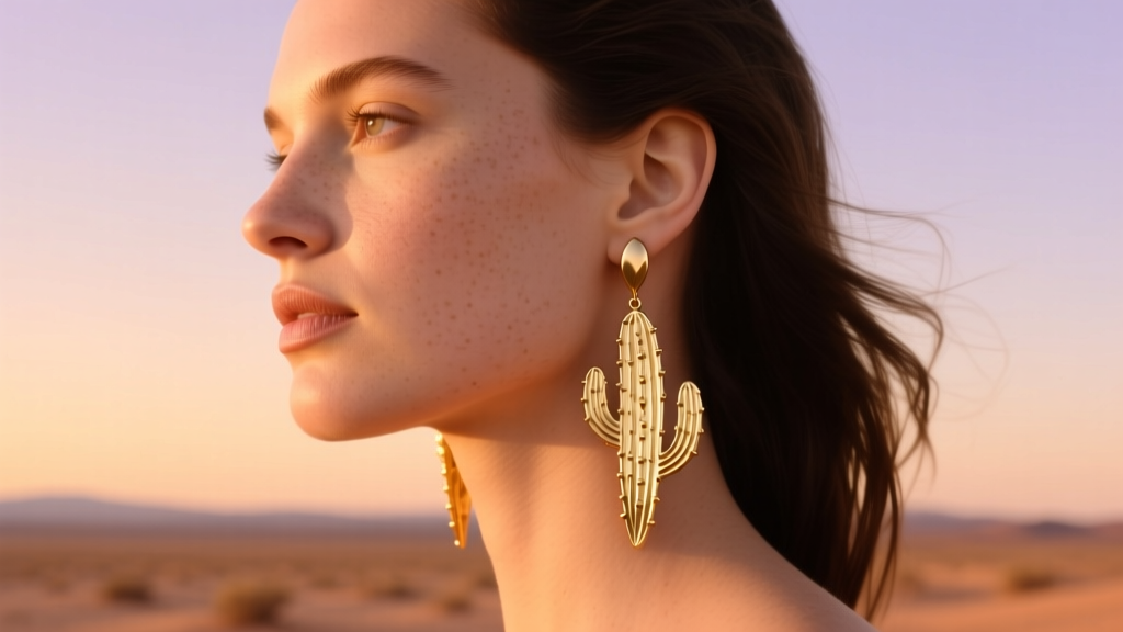 Side profile of a model with a round face wearing elongated drop-style agave cactus earrings in brushed gold against a desert sky