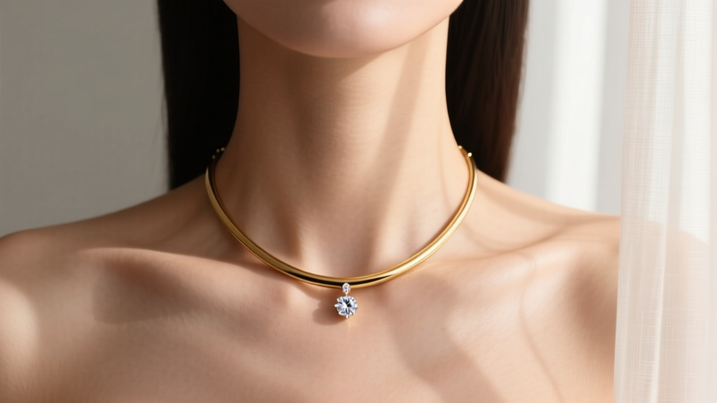 Woman wearing a 4mm rounded gold omega necklace with a diamond pendant, captured from the collarbone up in soft natural light.