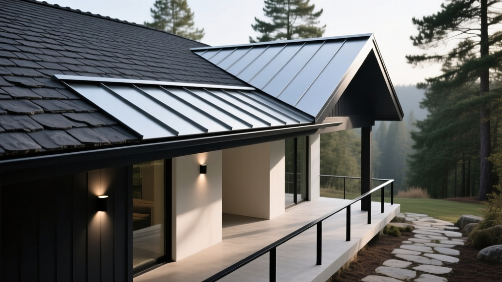 Wide view of dark charcoal architectural asphalt shingles transitioning into a standing seam metal roof accent over a modern porch.