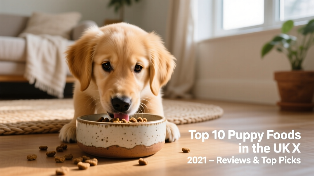 A happy, healthy golden retriever puppy eating from a ceramic food bowl