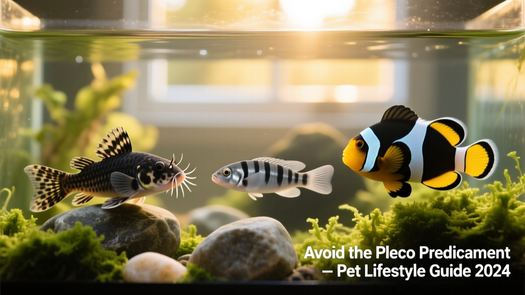 Side-by-side comparison of a small bristlenose pleco, otocinclus, and clown peckoltia in a lush, algae-free aquarium