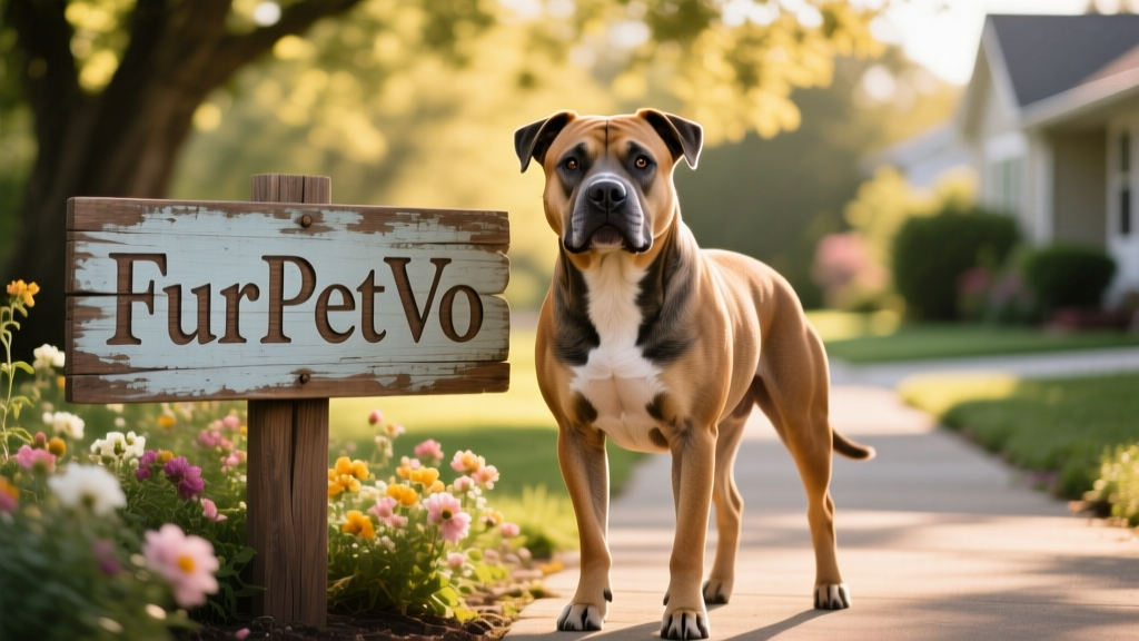 A confident, well-groomed adult Pit Bull standing proudly beside a vintage-style wooden sign reading 'FurPetVo' with soft natural lighting