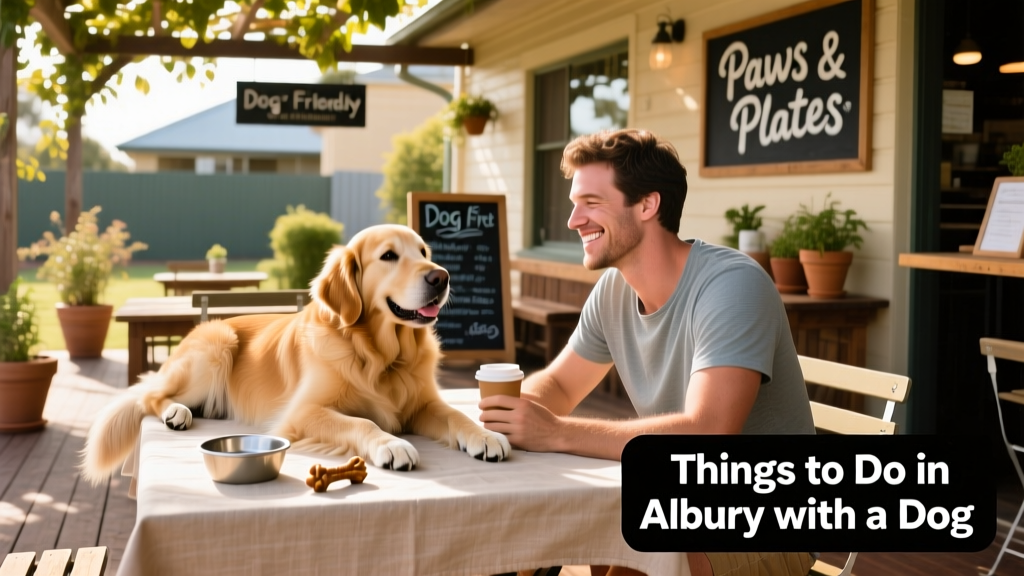 A dog relaxing beside their human at an outdoor table at a dog-friendly restaurant in Albury