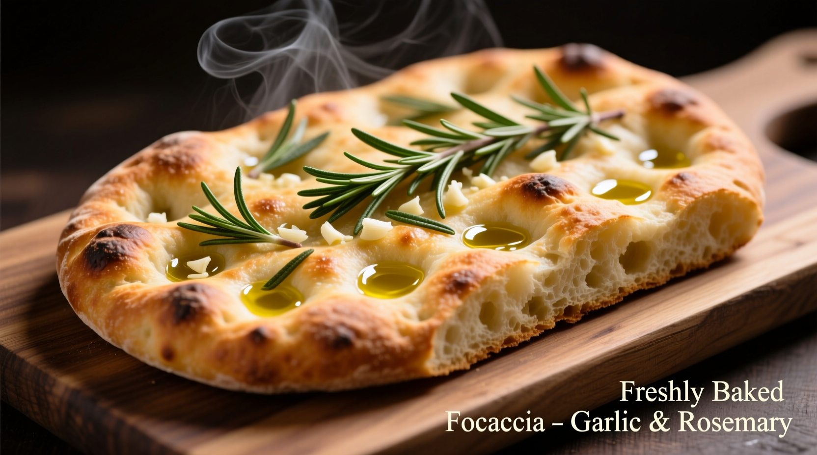 Freshly baked focaccia garlic bread with rosemary and olive oil