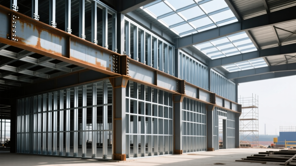 Exposed commercial steel framing building skeleton showing galvanized cold-formed C-section wall studs bolted to hot-rolled primary I-beams