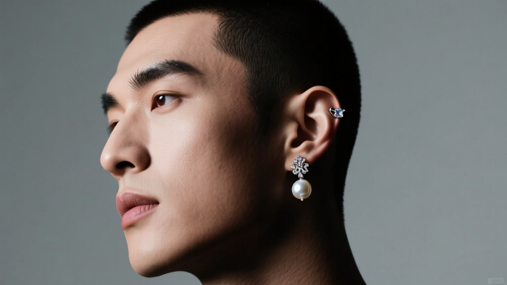 Male model with a fade wearing a single baroque pearl drop earring and a diamond helix stud under moody studio lighting