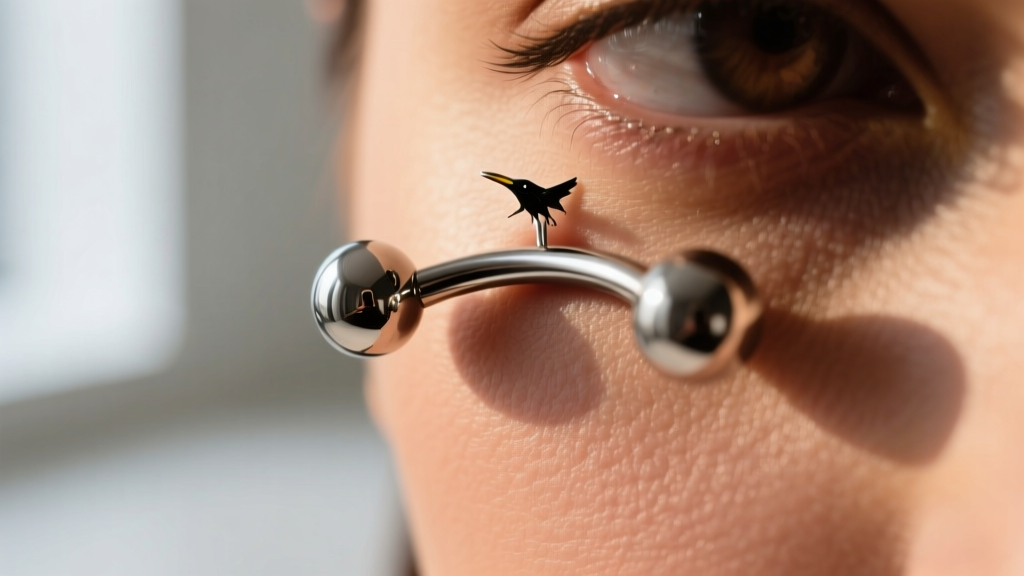 Close-up of a healing rook piercing with a 16-gauge implant-grade titanium curved barbell featuring highly polished spherical ends